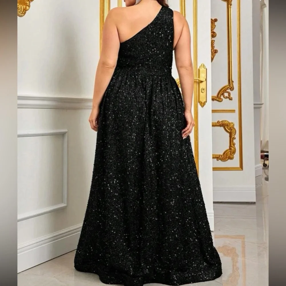 Luxe plus size one shoulder slit thigh party formal prom wedding gown dress - Picture 5 of 8